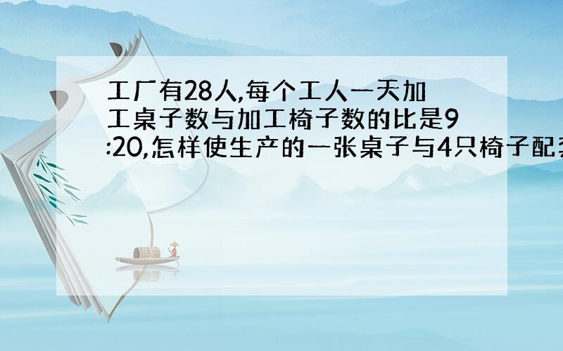 工厂有28人,每个工人一天加工桌子数与加工椅子数的比是9:20,怎样使生产的一张桌子与4只椅子配套?