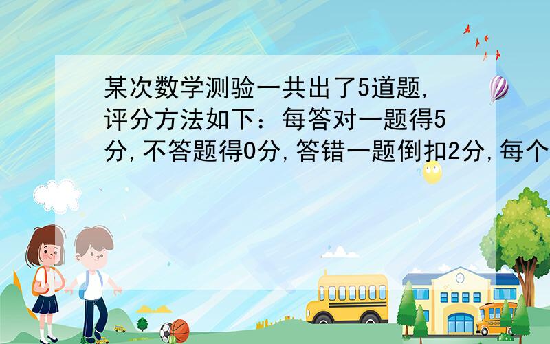 某次数学测验一共出了5道题,评分方法如下：每答对一题得5分,不答题得0分,答错一题倒扣2分,每个考生预先给10分作为基础