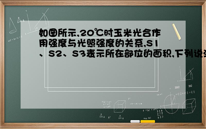 如图所示,20℃时玉米光合作用强度与光照强度的关系,S1、S2、S3表示所在部位的面积,下列说法中不正确的是（ ）