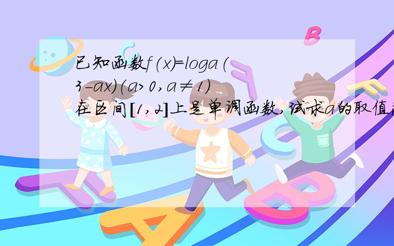 已知函数f(x)=loga(3-ax)(a>0,a≠1）在区间[1,2]上是单调函数,试求a的取值范围