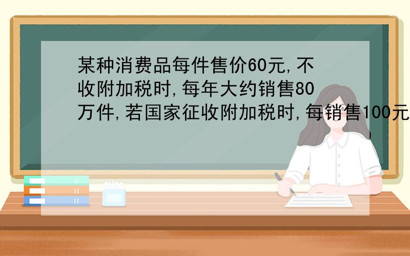 某种消费品每件售价60元,不收附加税时,每年大约销售80万件,若国家征收附加税时,每销售100元要征税R元（叫做税率R％