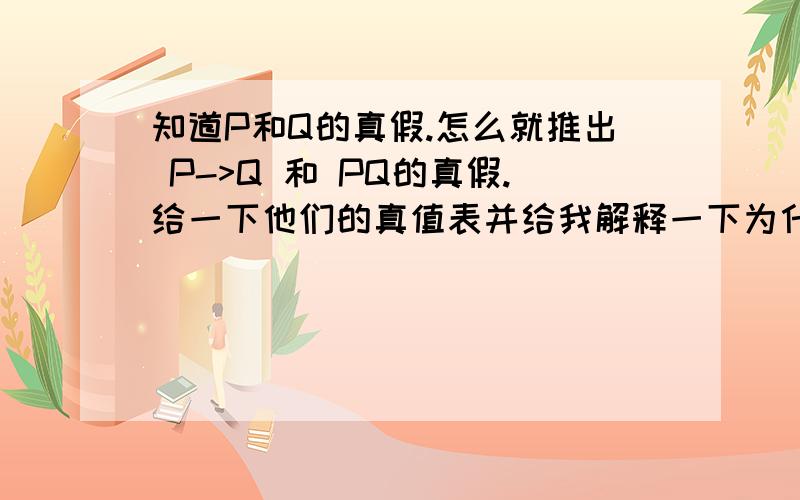 知道P和Q的真假.怎么就推出 P->Q 和 PQ的真假.给一下他们的真值表并给我解释一下为什么是这样的.最好能举个现实中