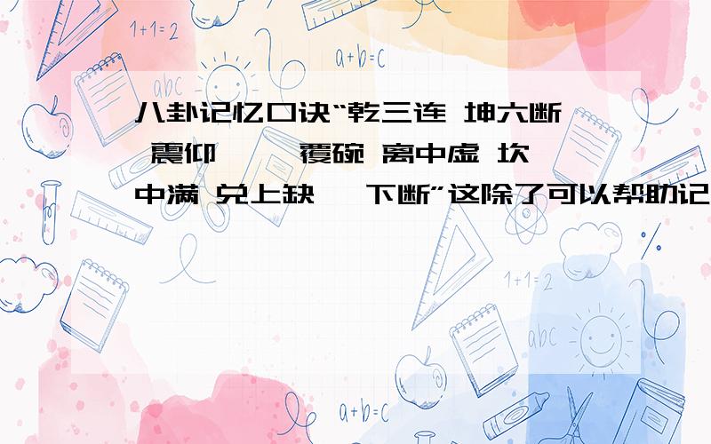 八卦记忆口诀“乾三连 坤六断 震仰盂 艮覆碗 离中虚 坎中满 兑上缺 巽下断”这除了可以帮助记忆八卦卦形,还有没有其它意