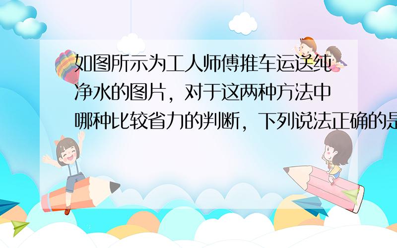 如图所示为工人师傅推车运送纯净水的图片，对于这两种方法中哪种比较省力的判断，下列说法正确的是（　　）