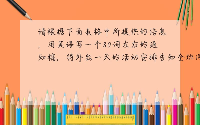 请根据下面表格中所提供的信息，用英语写一个80词左右的通知稿，将外出一天的活动安排告知全班同学，并邀请同学们前往并告知