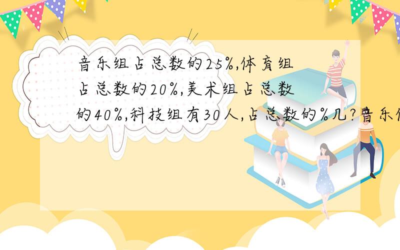 音乐组占总数的25%,体育组占总数的20%,美术组占总数的40%,科技组有30人,占总数的%几?音乐体育美术组各有多少人