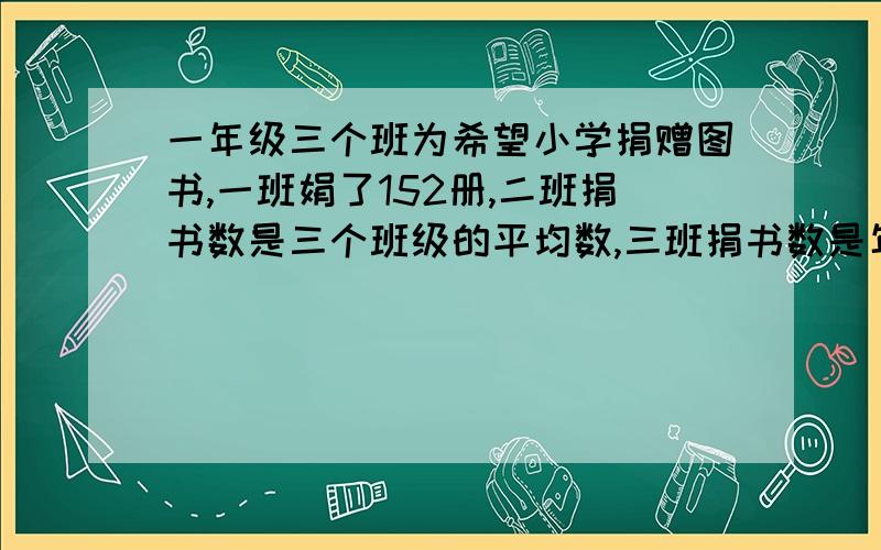 一年级三个班为希望小学捐赠图书,一班娟了152册,二班捐书数是三个班级的平均数,三班捐书数是年级捐书总数的40%,三个班