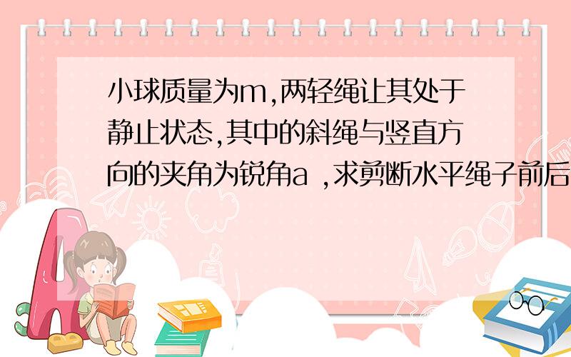 小球质量为m,两轻绳让其处于静止状态,其中的斜绳与竖直方向的夹角为锐角a ,求剪断水平绳子前后瞬间斜绳的拉力之比.