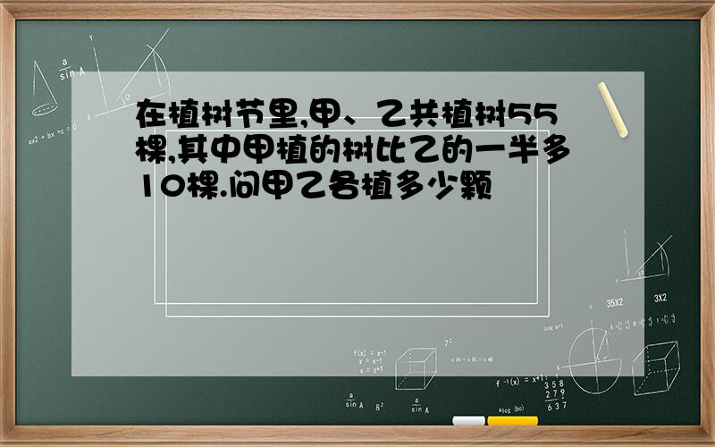 在植树节里,甲、乙共植树55棵,其中甲植的树比乙的一半多10棵.问甲乙各植多少颗