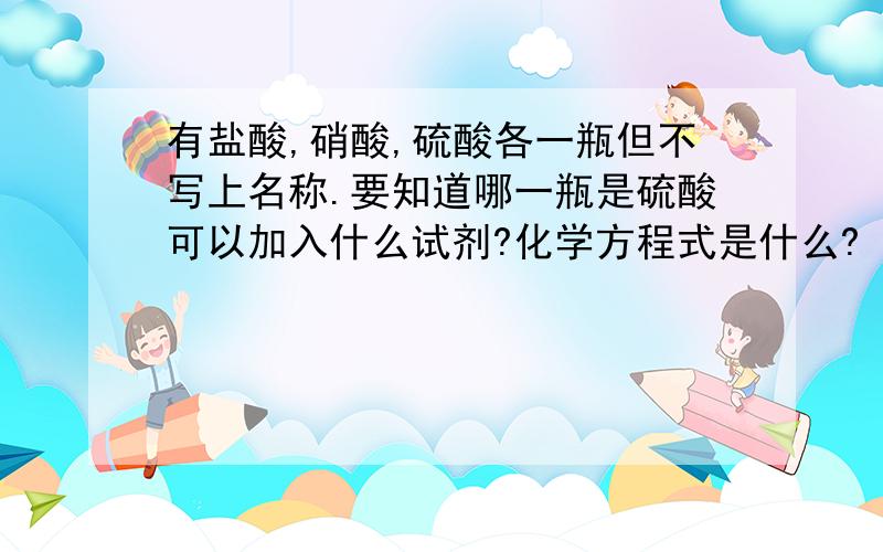 有盐酸,硝酸,硫酸各一瓶但不写上名称.要知道哪一瓶是硫酸可以加入什么试剂?化学方程式是什么?