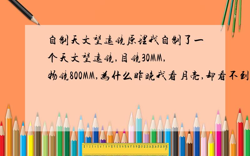 自制天文望远镜原理我自制了一个天文望远镜,目镜30MM,物镜800MM,为什么昨晚我看月亮,却看不到环形山?物镜口径65