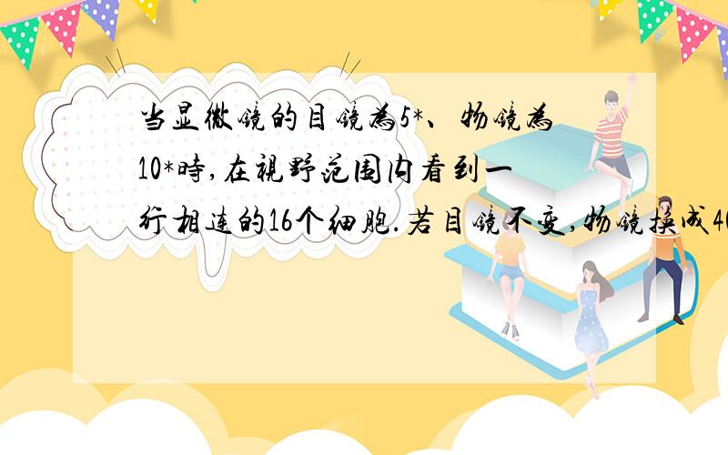 当显微镜的目镜为5*、物镜为10*时,在视野范围内看到一行相连的16个细胞.若目镜不变,物镜换成40时,则在视野中可以看