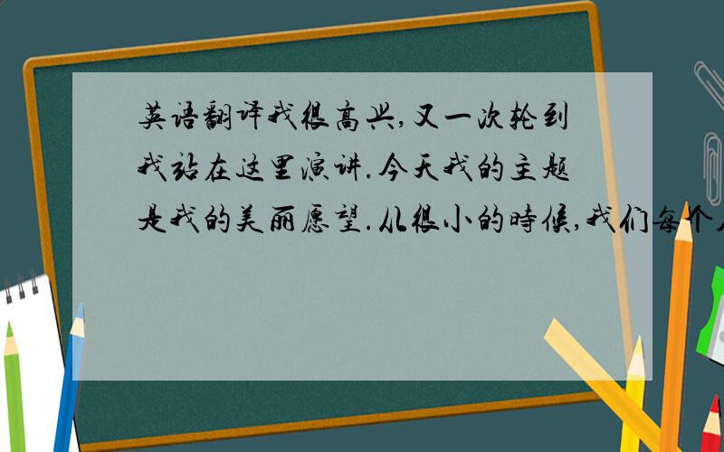 英语翻译我很高兴,又一次轮到我站在这里演讲.今天我的主题是我的美丽愿望.从很小的时候,我们每个人都会许下一个又一个美丽的