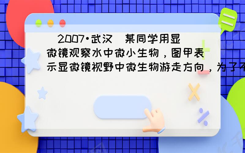 （2007•武汉）某同学用显微镜观察水中微小生物，图甲表示显微镜视野中微生物游走方向，为了不使该微生物从视野中消失，则载