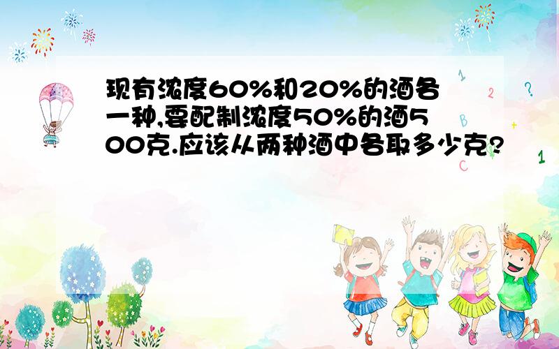 现有浓度60%和20%的酒各一种,要配制浓度50%的酒500克.应该从两种酒中各取多少克?