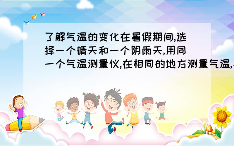 了解气温的变化在暑假期间,选择一个晴天和一个阴雨天,用同一个气温测量仪,在相同的地方测量气温,并把他们记录在下表中.8: