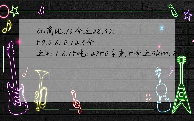 化简比.15分之28.32：50.0.6：0.12.3分之4：1.6.15吨：2750千克.5分之3km：800m