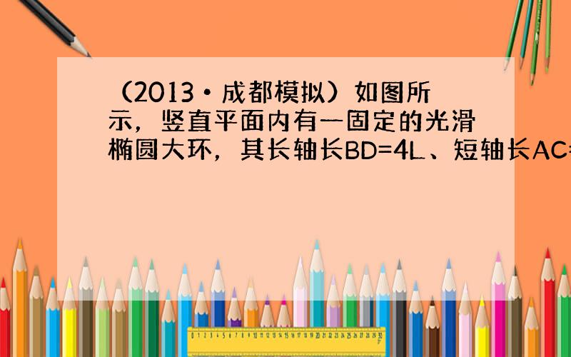 （2013•成都模拟）如图所示，竖直平面内有一固定的光滑椭圆大环，其长轴长BD=4L、短轴长AC=2L．劲度系数为k的轻