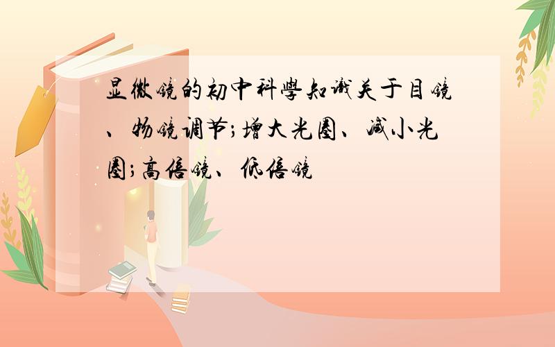 显微镜的初中科学知识关于目镜、物镜调节；增大光圈、减小光圈；高倍镜、低倍镜