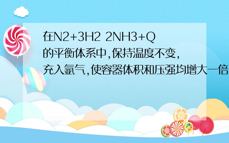 在N2+3H2 2NH3+Q的平衡体系中,保持温度不变,充入氩气,使容器体积和压强均增大一倍,此时平衡将 ( )