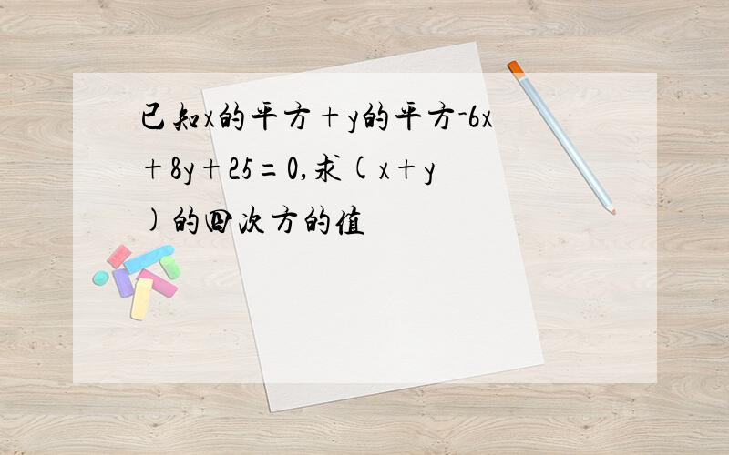 已知x的平方+y的平方-6x+8y+25=0,求(x+y)的四次方的值