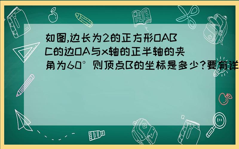 如图,边长为2的正方形OABC的边OA与x轴的正半轴的夹角为60°则顶点B的坐标是多少?要有详解,要用初二的知识,