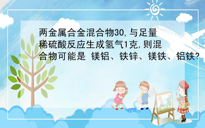 两金属合金混合物30,与足量稀硫酸反应生成氢气1克,则混合物可能是 镁铝、铁锌、镁铁、铝铁?