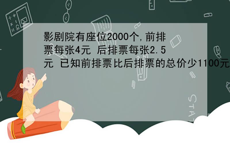 影剧院有座位2000个,前排票每张4元 后排票每张2.5元 已知前排票比后排票的总价少1100元前排和后排各