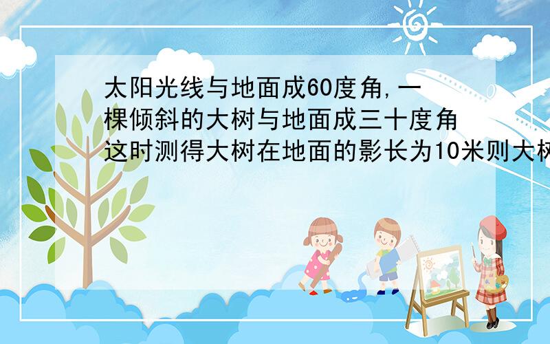 太阳光线与地面成60度角,一棵倾斜的大树与地面成三十度角这时测得大树在地面的影长为10米则大树长约多少