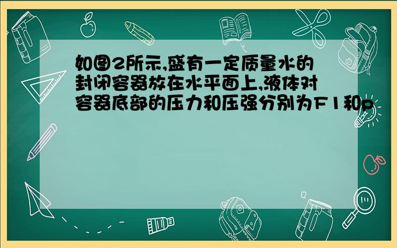 如图2所示,盛有一定质量水的封闭容器放在水平面上,液体对容器底部的压力和压强分别为F1和p