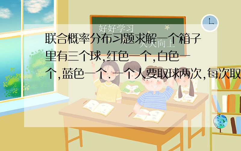 联合概率分布习题求解一个箱子里有三个球,红色一个,白色一个,蓝色一个.一个人要取球两次,每次取完一个球后就将其放回.设事