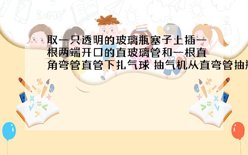 取一只透明的玻璃瓶塞子上插一根两端开口的直玻璃管和一根直角弯管直管下扎气球 抽气机从直弯管抽瓶内空气