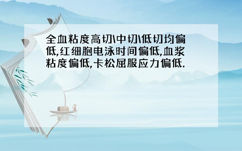 全血粘度高切\中切\低切均偏低,红细胞电泳时间偏低,血浆粘度偏低,卡松屈服应力偏低.