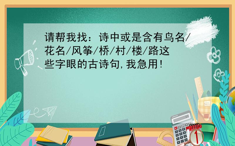 请帮我找：诗中或是含有鸟名/花名/风筝/桥/村/楼/路这些字眼的古诗句,我急用!