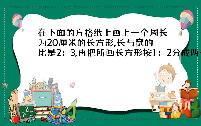 在下面的方格纸上画上一个周长为20厘米的长方形,长与宽的比是2：3,再把所画长方形按1：2分成两个长方形