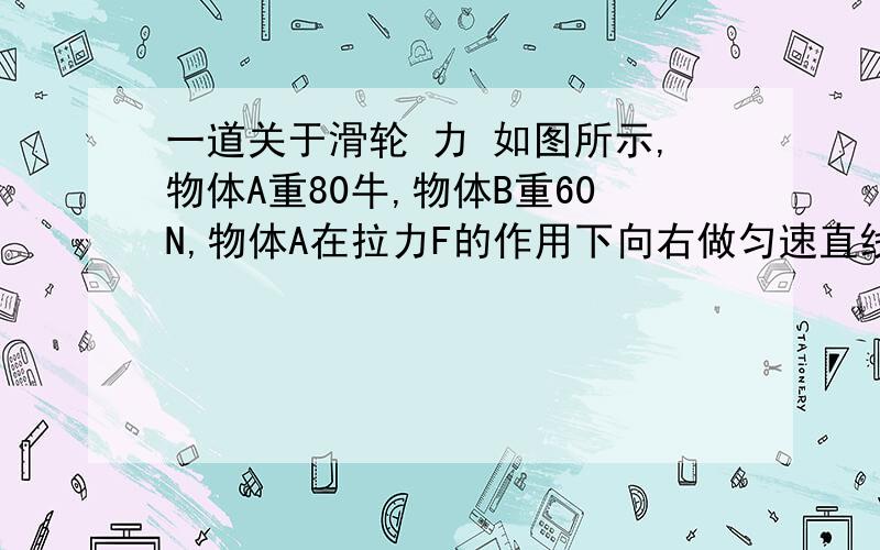 一道关于滑轮 力 如图所示,物体A重80牛,物体B重60N,物体A在拉力F的作用下向右做匀速直线运动,经过4S,物体B下