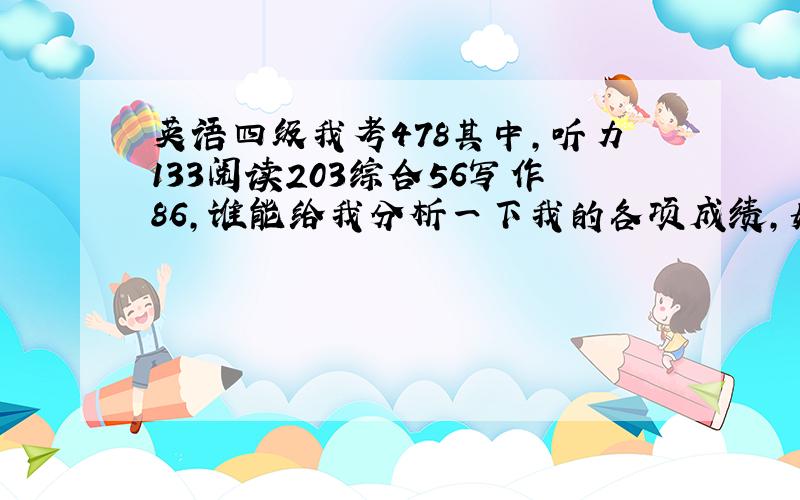 英语四级我考478其中,听力133阅读203综合56写作86,谁能给我分析一下我的各项成绩,如何复习考六级