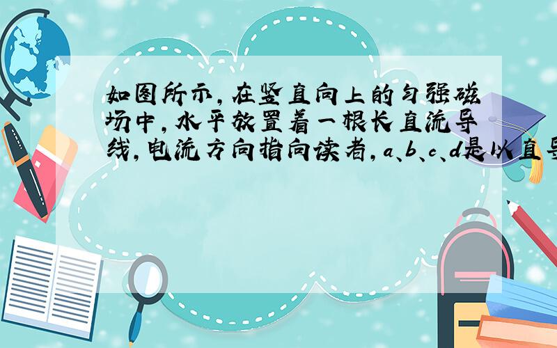 如图所示，在竖直向上的匀强磁场中，水平放置着一根长直流导线，电流方向指向读者，a、b、c、d是以直导线为圆心的同一圆周上