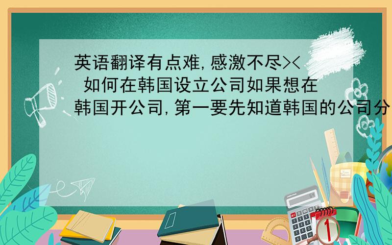 英语翻译有点难,感激不尽>< 如何在韩国设立公司如果想在韩国开公司,第一要先知道韩国的公司分为两种,一种是多人出资的股份