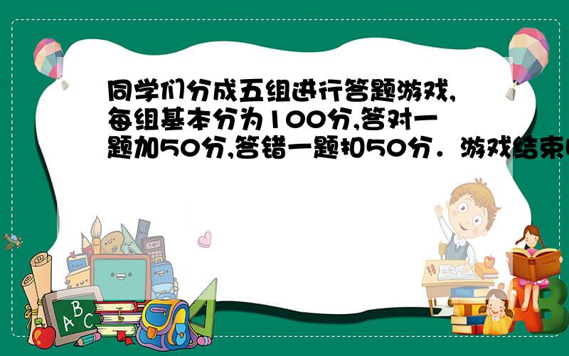 同学们分成五组进行答题游戏,每组基本分为100分,答对一题加50分,答错一题扣50分．游戏结束时各组的分数如下表.