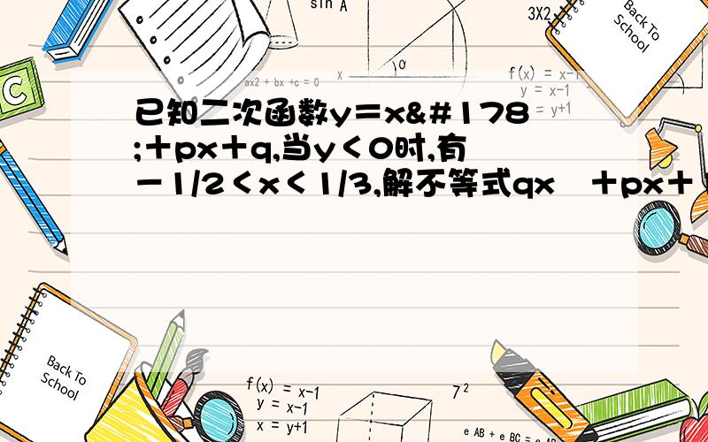 已知二次函数y＝x²＋px＋q,当y＜0时,有－1/2＜x＜1/3,解不等式qx²＋px＋1＞0.