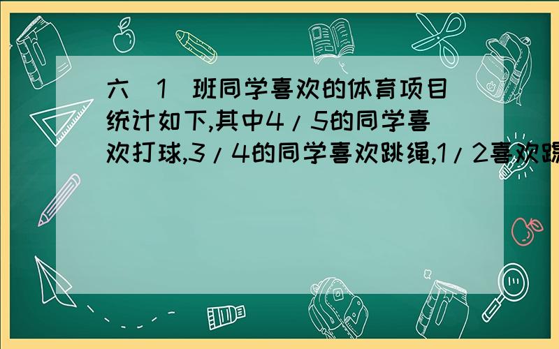 六(1)班同学喜欢的体育项目统计如下,其中4/5的同学喜欢打球,3/4的同学喜欢跳绳,1/2喜欢踢毽.这三种项目