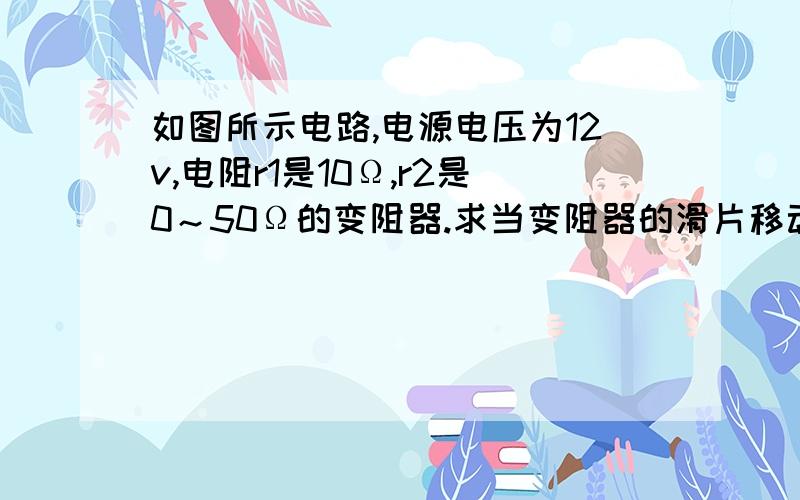 如图所示电路,电源电压为12v,电阻r1是10Ω,r2是0～50Ω的变阻器.求当变阻器的滑片移动时,电流表、电压表示数的