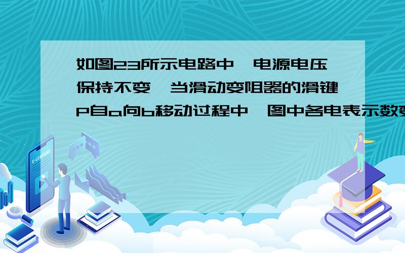 如图23所示电路中,电源电压保持不变,当滑动变阻器的滑键P自a向b移动过程中,图中各电表示数变化的情况是( ).