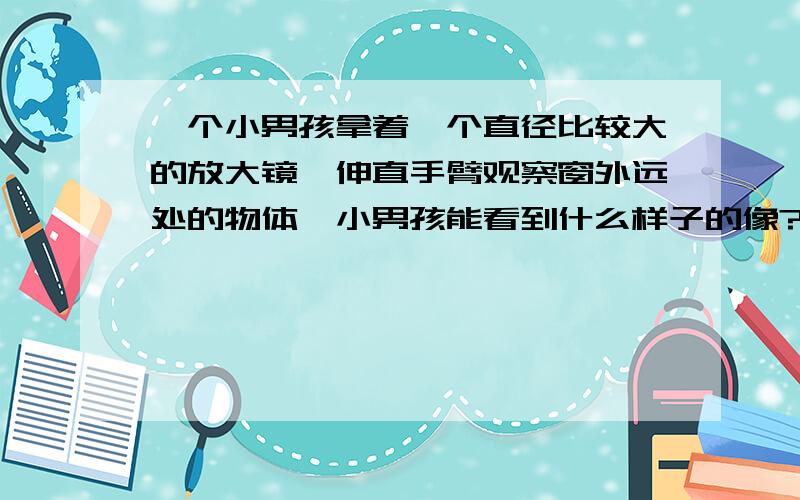 一个小男孩拿着一个直径比较大的放大镜,伸直手臂观察窗外远处的物体,小男孩能看到什么样子的像?