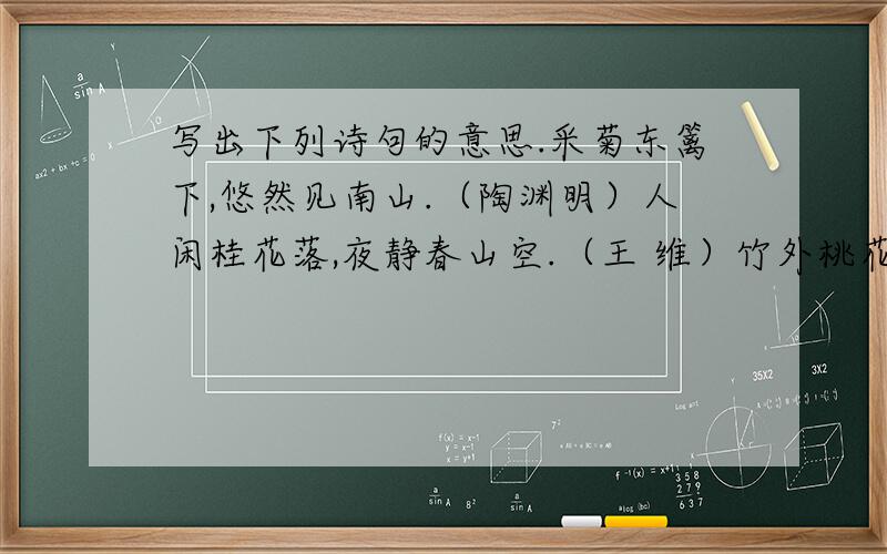 写出下列诗句的意思.采菊东篱下,悠然见南山.（陶渊明）人闲桂花落,夜静春山空.（王 维）竹外桃花三两枝,春江水暖鸭先知.