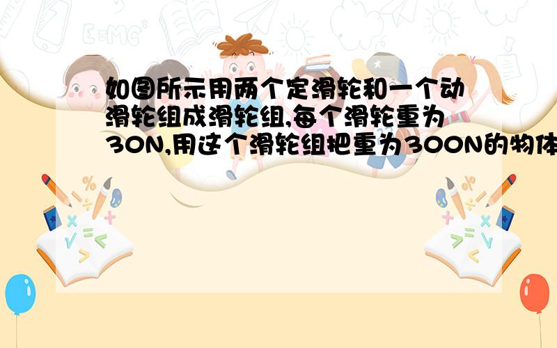 如图所示用两个定滑轮和一个动滑轮组成滑轮组,每个滑轮重为30N,用这个滑轮组把重为300N的物体以0.1m/s的速度匀速