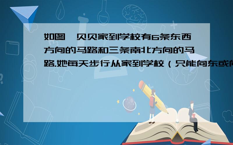 如图,贝贝家到学校有6条东西方向的马路和三条南北方向的马路.她每天步行从家到学校（只能向东或向南走）