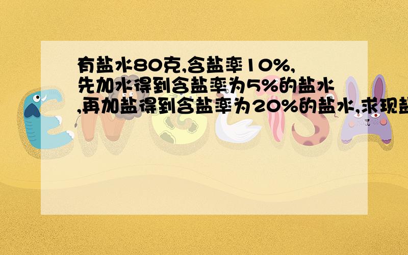 有盐水80克,含盐率10%,先加水得到含盐率为5%的盐水,再加盐得到含盐率为20%的盐水,求现盐水有多少克?