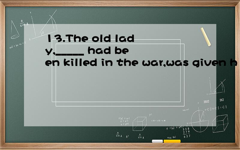 13.The old lady,_____ had been killed in the war,was given h